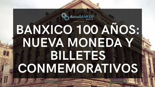 Banxico cumple 100 años: nueva moneda y billetes conmemorativos.webp Moneda conmemorativa de 10 pesos en plata por el 100 aniversario de Banxico junto a billetes con leyenda 1925–2025 y equipos AccuBANKER para manejo de efectivo.