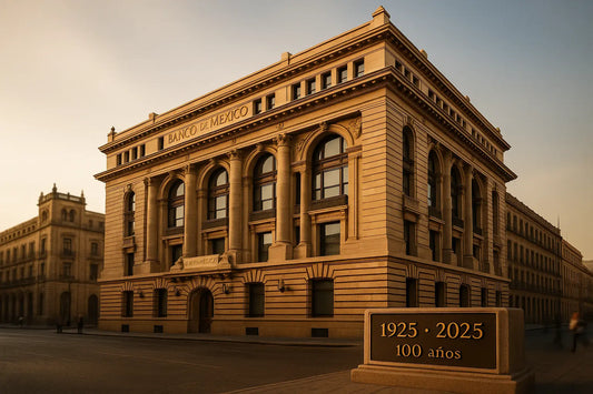 100 años del Banco de México.webp Sede del Banco de México en el Centro Histórico con placa 1925–2025; 100 años de Banxico