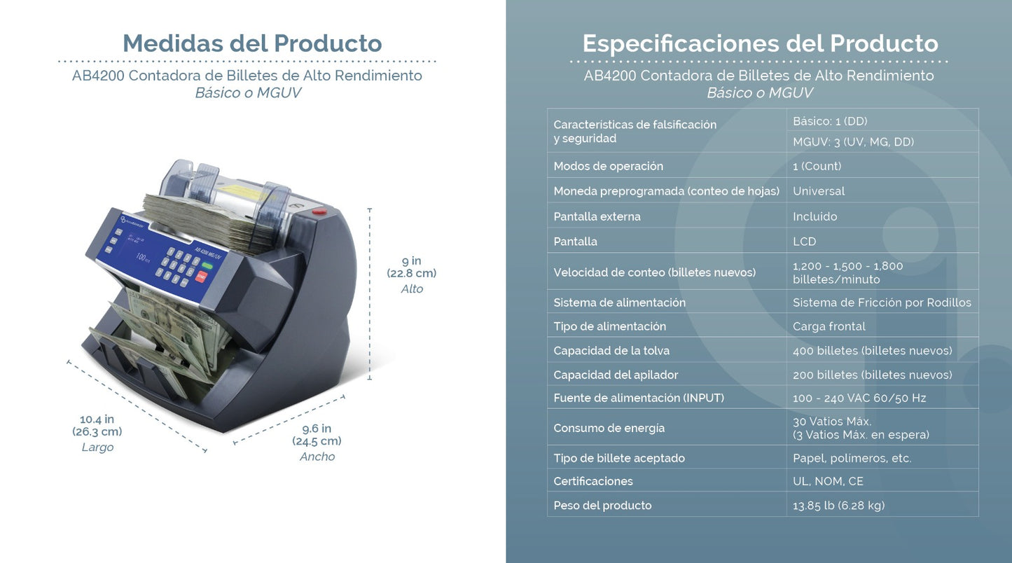 .webp Contadora de billetes AB4200 MGUV especificaciones en español