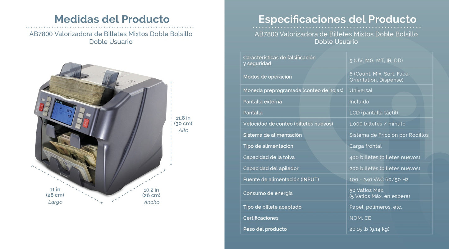 .webp Contadora y detectora de billetes falsos AB7800 especificaciones en español