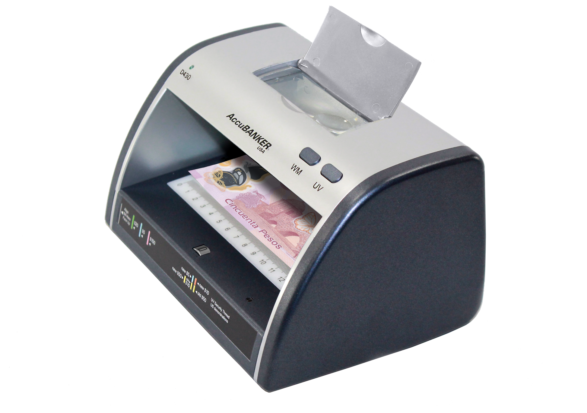 Detectora de billetes falsos LED430 vista diagonal superior.webp Detectora de billetes falsos LED430 vista diagonal superior