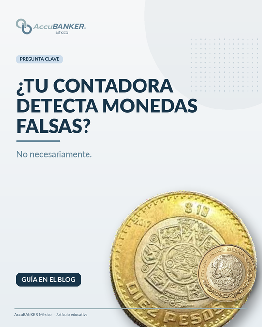 Contadora de monedas y revisión de monedas mexicanas de 10 pesos para prevenir errores en negocios.