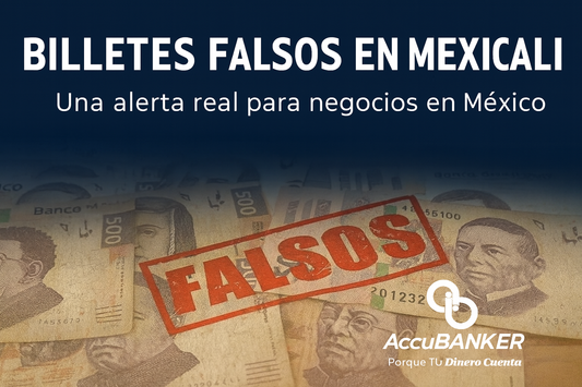 Imagen de billetes de 500 pesos mexicanos con un sello rojo de “FALSOS” y el logo de AccuBANKER México, destacando la alerta por circulación de dinero falso en Mexicali.