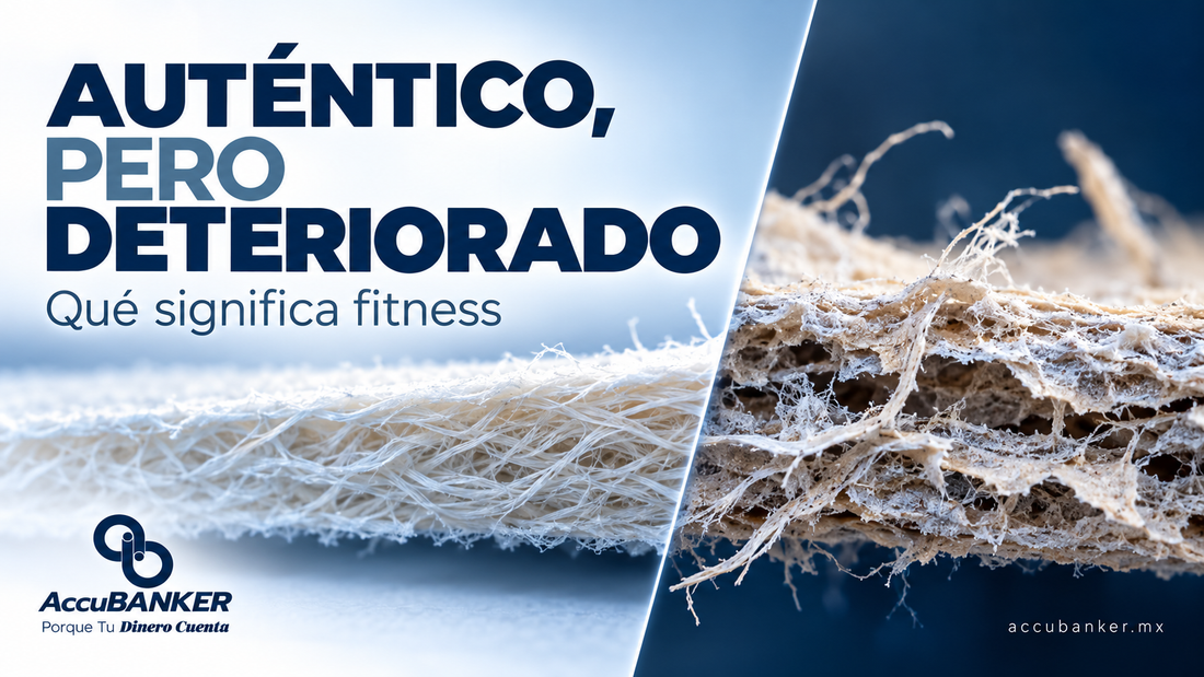 Papel intacto y desgastado en una composición editorial sobre clasificación fitness y estado físico de los billetes.