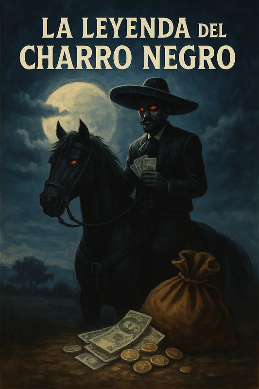 Ilustración del Charro Negro en caballo negro con ojos rojos, sosteniendo billetes y rodeado de monedas bajo la luna llena, símbolo del dinero en efectivo y los billetes falsos en México.