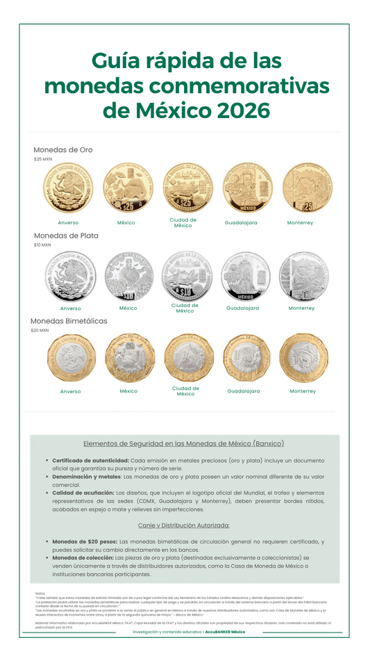 Guía de las nuevas monedas conmemorativas de México 2026 emitidas por Banxico: monedas de $20 pesos, oro y plata con diseños de Ciudad de México, Guadalajara, Monterrey y patrimonio nacional.