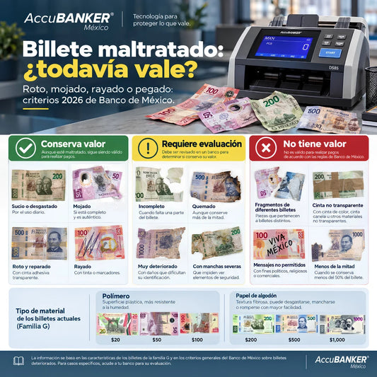 Billete mexicano roto, mojado y reparado: reglas 2026 de Banco de México sobre su validez