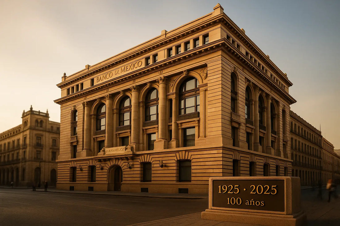 Sede del Banco de México en el Centro Histórico con placa 1925–2025; 100 años de Banxico