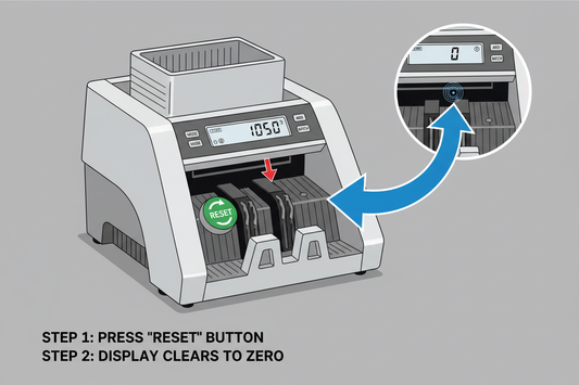 Contadora de billetes AccuBANKER contando peso mexicano en el mostrador de una tienda