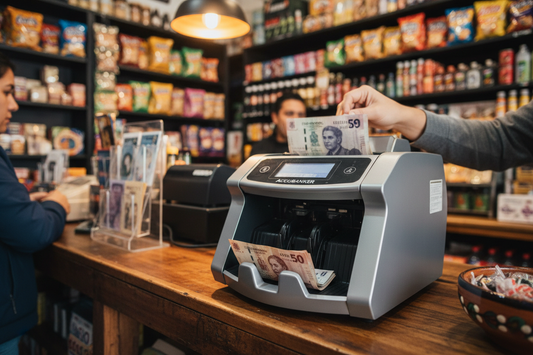 Contadora de billetes AccuBANKER contando peso mexicano en el mostrador de una tienda pequeña en México
