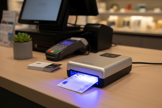 Detector de billetes falsos portátil para revisar billetes en un punto de venta