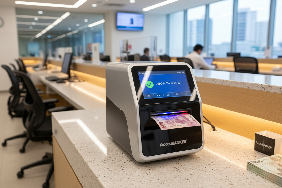 Detectora de billetes falsos profesional en sucursal bancaria en México con equipo AccuBANKER.