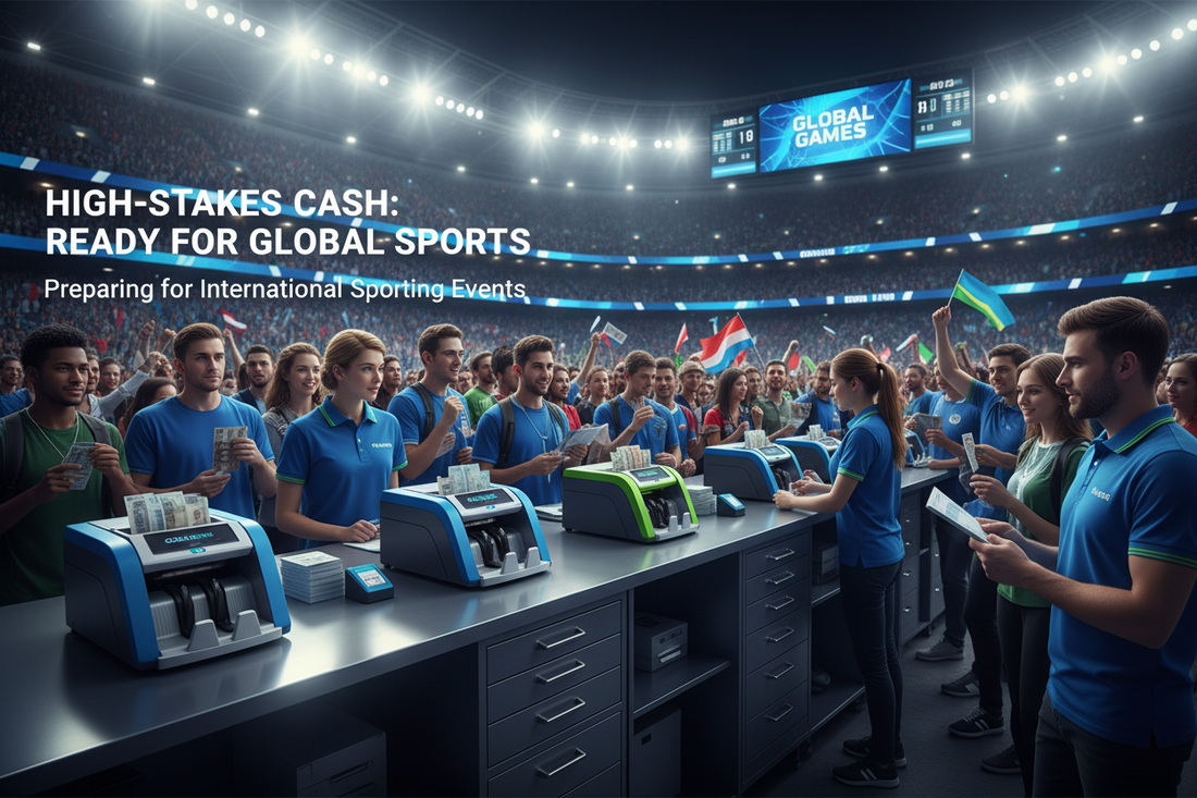 Guía para preparar cajas, efectivo y equipos de conteo durante eventos deportivos internacionales con alta afluencia de clientes.