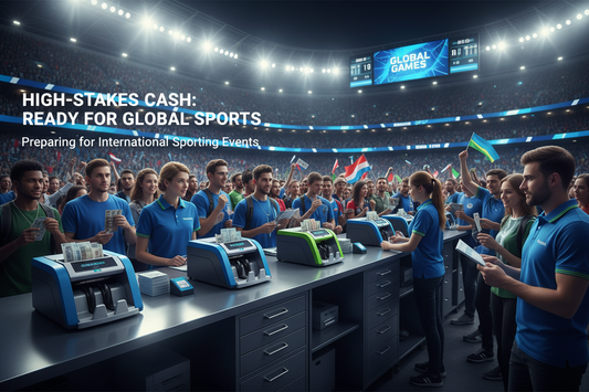 Guía para preparar cajas, efectivo y equipos de conteo durante eventos deportivos internacionales con alta afluencia de clientes.