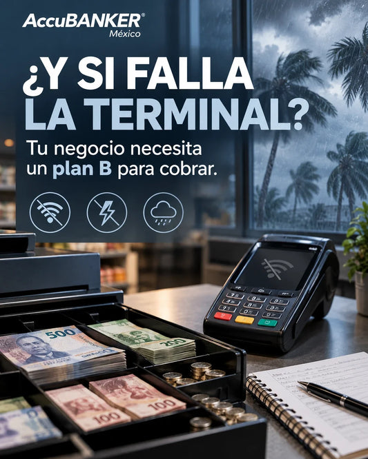 Arte editorial de AccuBANKER México sobre contingencias de cobro. Mensaje: ¿FALLÓ LA TERMINAL?. Activa un plan B para cobrar.
