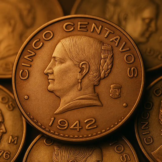 Moneda mexicana de 5 centavos 1942 con Josefa Ortiz de Domínguez en primer plano