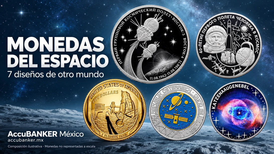 Monedas del espacio con naves, astronautas y diseños inspirados en la Luna. Monedas del espacio con naves, astronautas y diseños inspirados en la Luna.