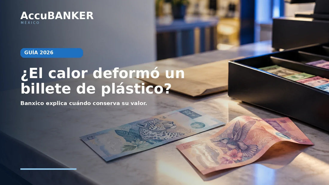 Billetes ilustrativos de polímero sobre un mostrador comercial, uno ligeramente curvado, junto a una caja de efectivo; guía sobre deformación por calor y canje en México.