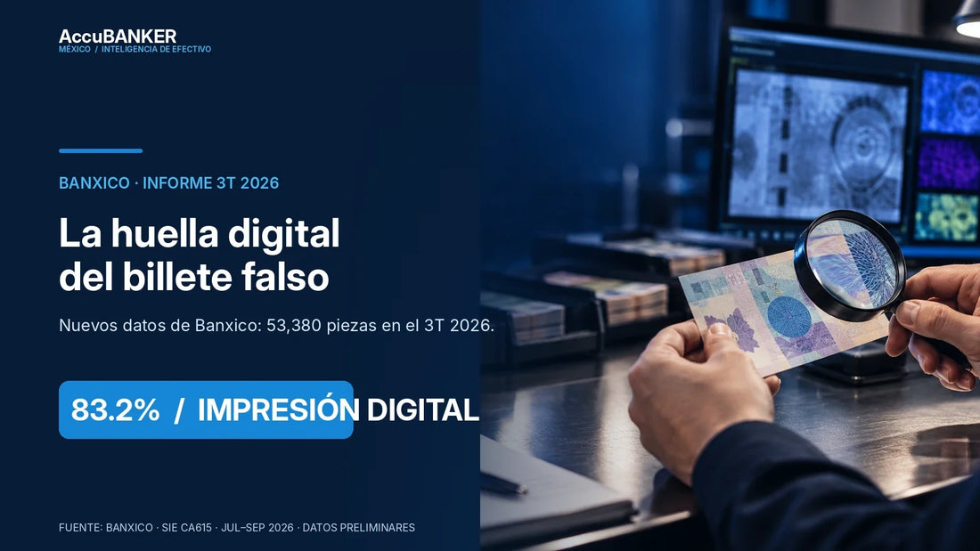 Inspección conceptual de un billete ilustrativo con lupa y estación de análisis, para artículo sobre falsificación en México en 2026.