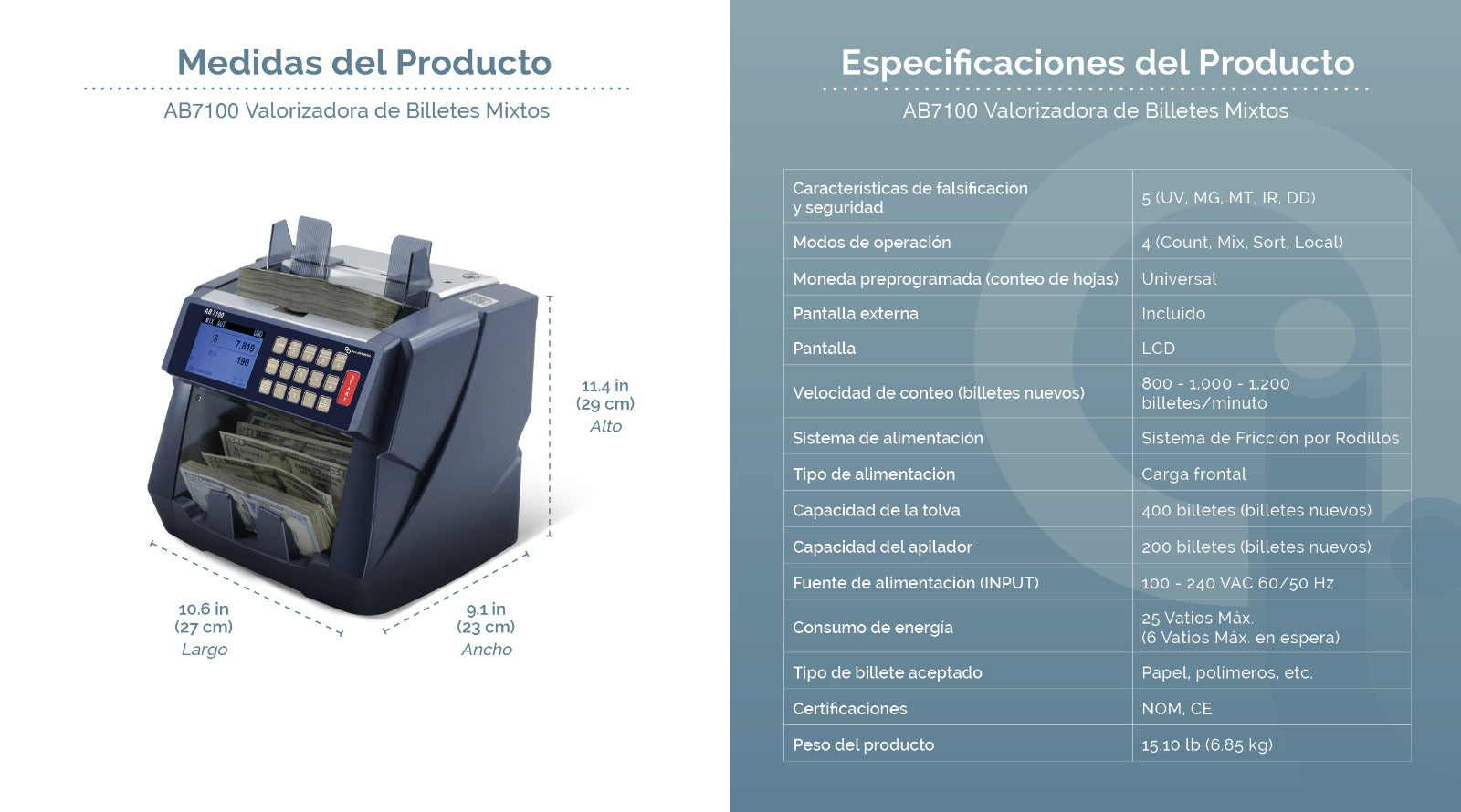 Contadora de billetes AB7100 especificaciones en español