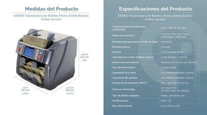 Contadora y detectora de billetes falsos AB7800 especificaciones en español