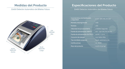 Detector automático D450 especificaciones en español