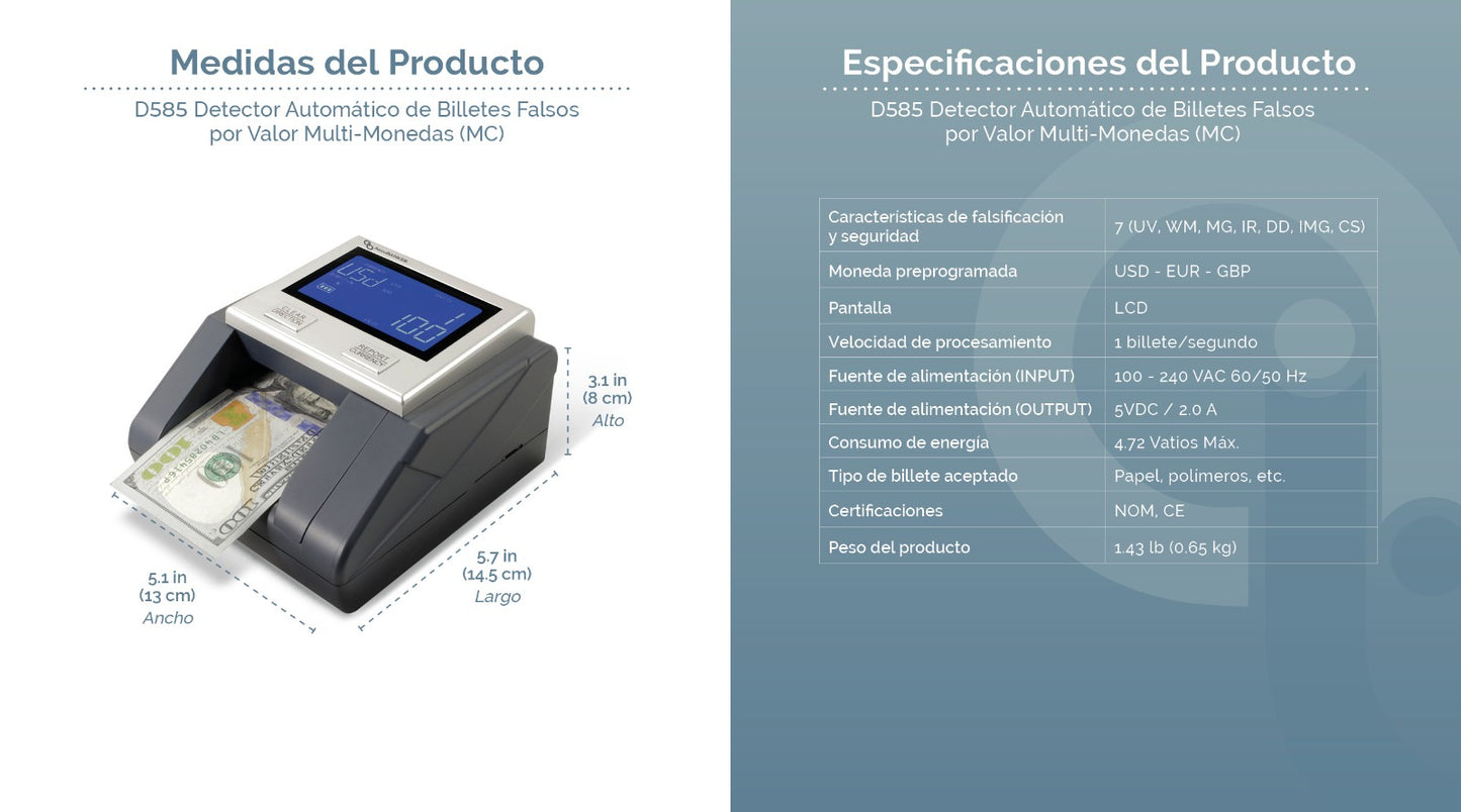 Detector de billetes falsos con batería D585