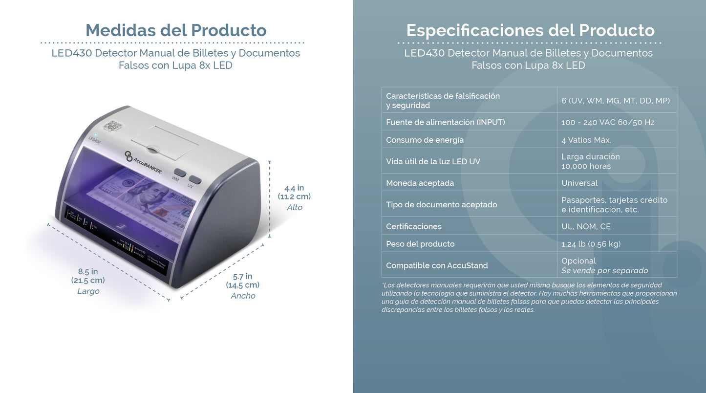 Detectora LED430 especificaciones en español
